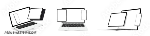 Composition blank gadgets (smartphone, notebook, tablet, laptop) in various positions. 3D realistic device in perspective and isometric view. Vector Mockups Gadgets