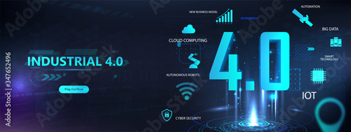 Futuristic banner industry 4.0 with hologram, keywords and icons. Industrial Revolution 4.0 (Cloud computing, physical systems, IOT, cognitive computing industry). Vector web banner illustration