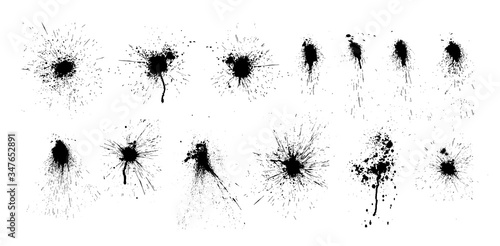 Paint ink splatter, stains set. Splash of paints with drops. High level of tracing and many details. Illustration splash and drip design, silhouette blob spray collection. Vector isolated set