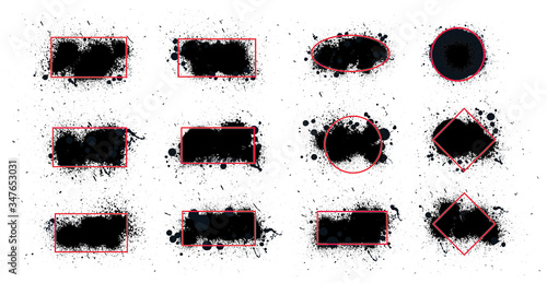 Black ink spots collection with frame. Dirty artistic design elements boxes for text. Grunge brush splatted stains, black paintbrush splash frame grunge sprayed. Inks drops borders. Vector set