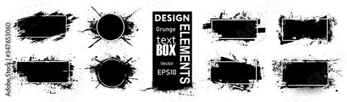 Paint compositions, grunge with frame, texting boxes. Dirty design elements, quote box speech template. Black splashes isolated on white background. Vector street art template set
