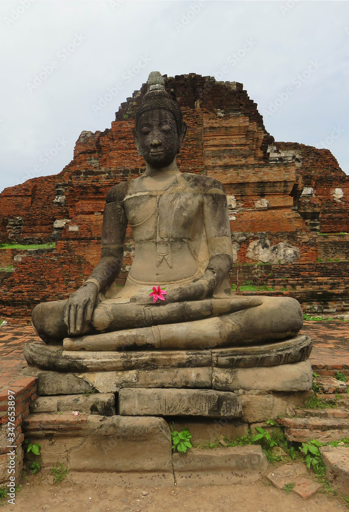 Buddha in Ayyuthaya, Thailand. Buddha is surrounded by ruins and holding a pink flower. Buddha in Ayyuthaya, Thailand. Buddha is surrounded by ruins and holding a pink flower.