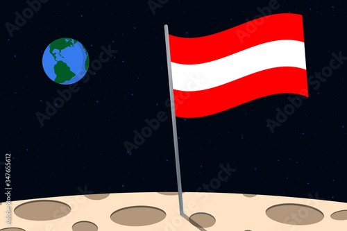 View of planet Earth from the surface of the Moon with the Austria flag and holes on the ground
