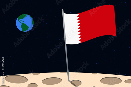 View of planet Earth from the surface of the Moon with the Bahrain flag and holes on the ground