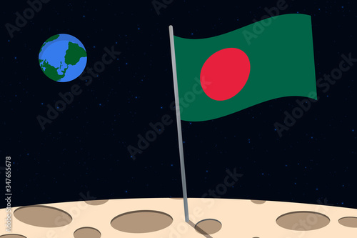 View of planet Earth from the surface of the Moon with the Bangladesh flag and holes on the ground