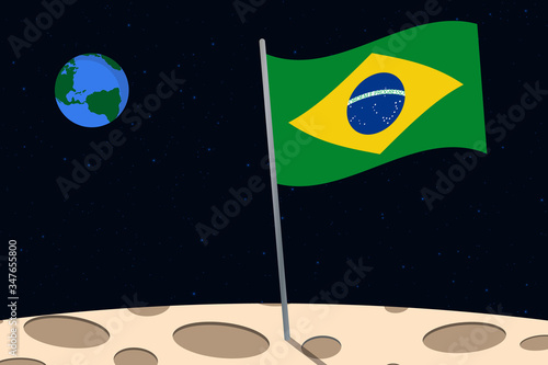 View of planet Earth from the surface of the Moon with the Brazil flag and holes on the ground