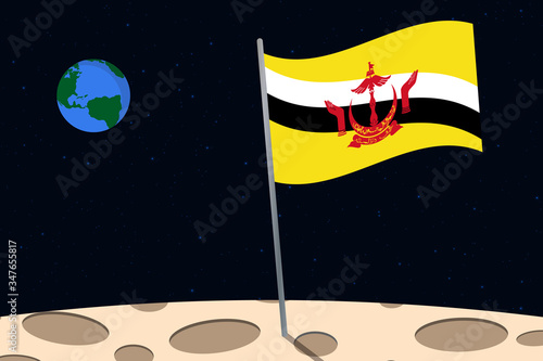 View of planet Earth from the surface of the Moon with the Brunei flag and holes on the ground