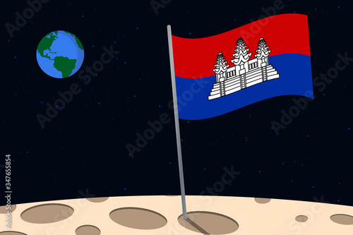 View of planet Earth from the surface of the Moon with the Cambodia flag and holes on the ground