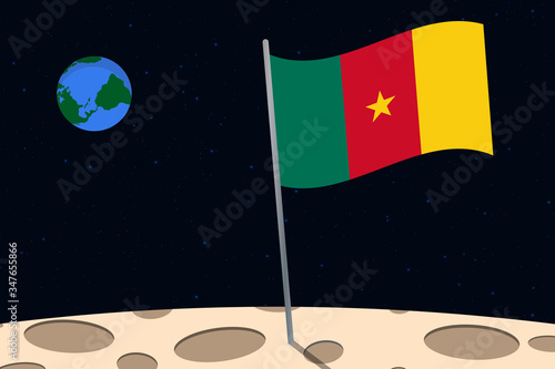 View of planet Earth from the surface of the Moon with the Cameroon flag and holes on the ground