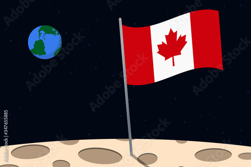 View of planet Earth from the surface of the Moon with the Canada flag and holes on the ground
