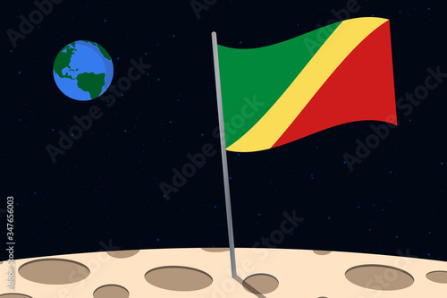View of planet Earth from the surface of the Moon with the Congo flag and holes on the ground