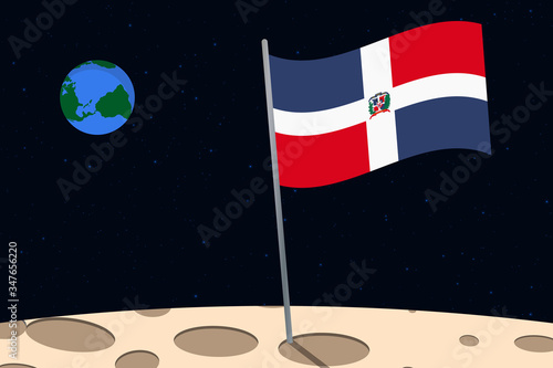 View of planet Earth from the surface of the Moon with the Dominican Republic flag and holes on the ground