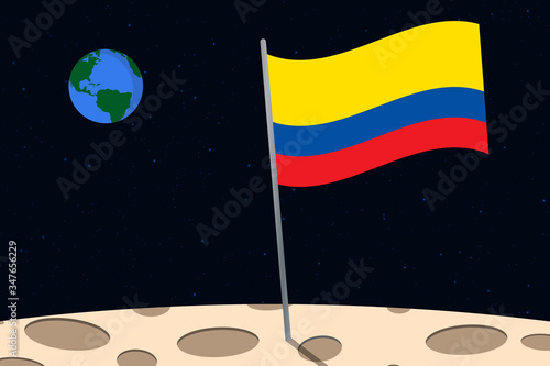 View of planet Earth from the surface of the Moon with the Ecuador flag and holes on the ground