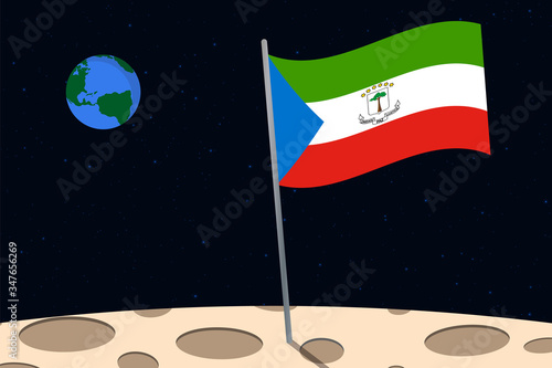 View of planet Earth from the surface of the Moon with the Equatorial Guinea flag and holes on the ground