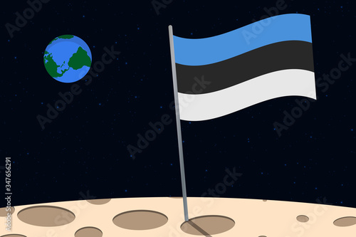 View of planet Earth from the surface of the Moon with the Estonia flag and holes on the ground