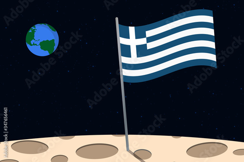 View of planet Earth from the surface of the Moon with the Greece flag and holes on the ground