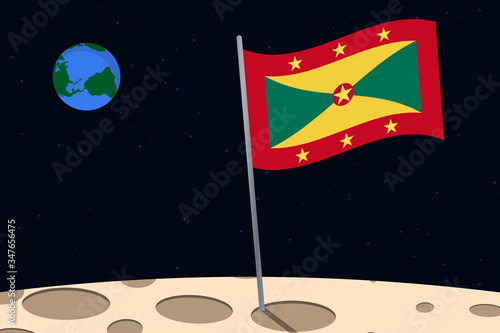 View of planet Earth from the surface of the Moon with the Grenada flag and holes on the ground