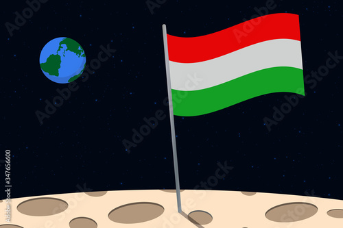 View of planet Earth from the surface of the Moon with the Hungary flag and holes on the ground
