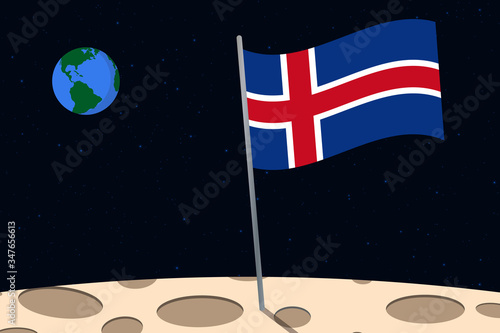 View of planet Earth from the surface of the Moon with the Iceland flag and holes on the ground