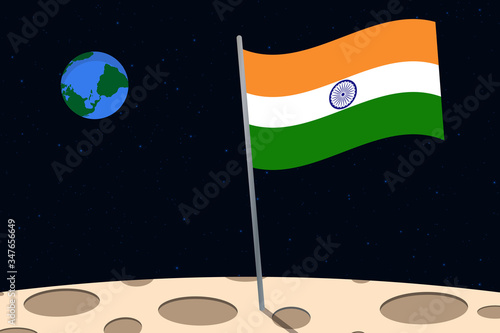 View of planet Earth from the surface of the Moon with the India flag and holes on the ground