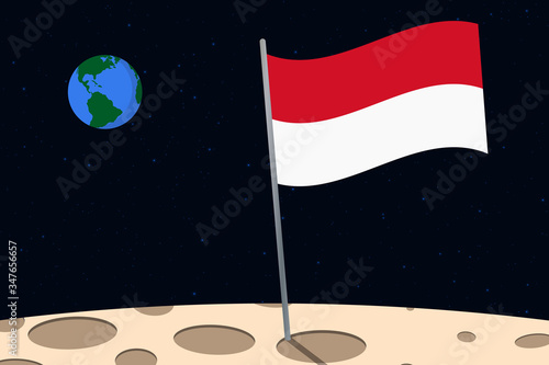 View of planet Earth from the surface of the Moon with the Indonesia flag and holes on the ground