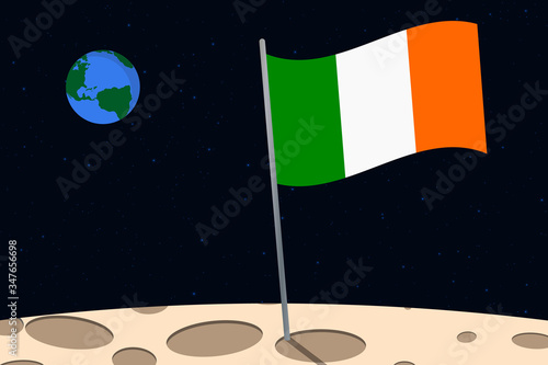 View of planet Earth from the surface of the Moon with the Ireland flag and holes on the ground