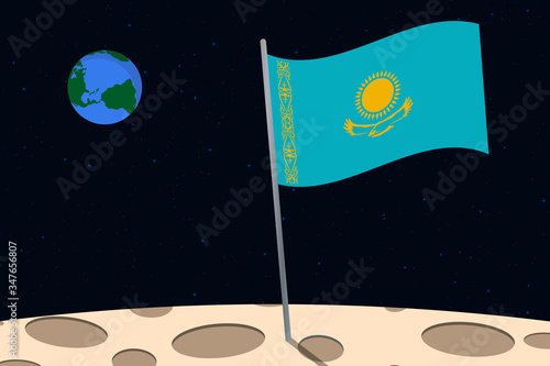 View of planet Earth from the surface of the Moon with the Kazakhstan flag and holes on the ground