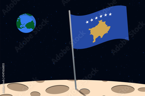View of planet Earth from the surface of the Moon with the Kosovo flag and holes on the ground