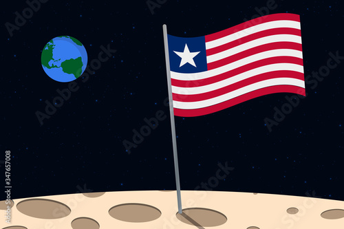 View of planet Earth from the surface of the Moon with the Liberia flag and holes on the ground