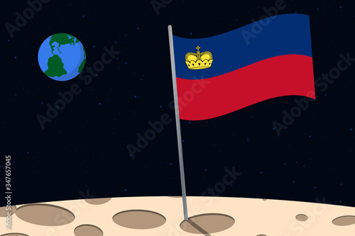 View of planet Earth from the surface of the Moon with the Liechtenstein flag and holes on the ground