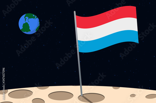 View of planet Earth from the surface of the Moon with the Luxembourg flag and holes on the ground