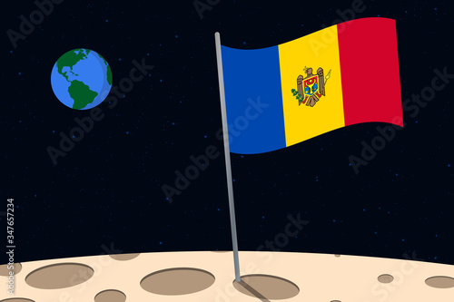 View of planet Earth from the surface of the Moon with the Moldova flag and holes on the ground