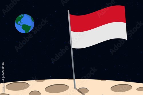 View of planet Earth from the surface of the Moon with the Monaco flag and holes on the ground