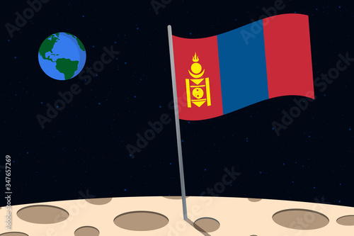View of planet Earth from the surface of the Moon with the Mongolia flag and holes on the ground