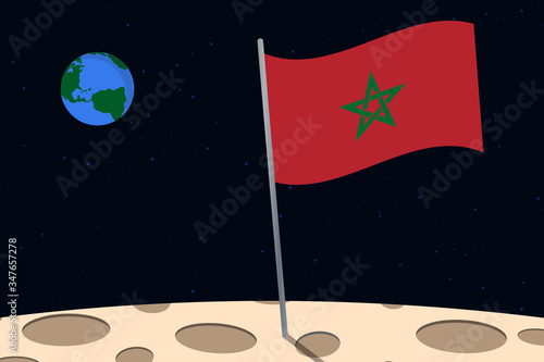 View of planet Earth from the surface of the Moon with the Morocco flag and holes on the ground