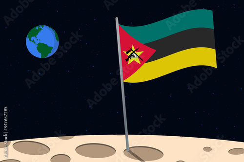 View of planet Earth from the surface of the Moon with the Mozambique flag and holes on the ground