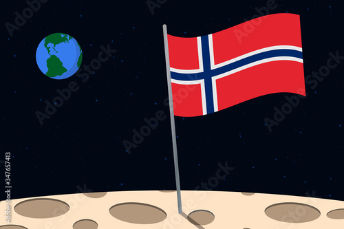 View of planet Earth from the surface of the Moon with the Norway flag and holes on the ground