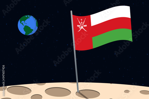 View of planet Earth from the surface of the Moon with the Oman flag and holes on the ground