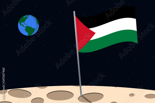 View of planet Earth from the surface of the Moon with the Palestine flag and holes on the ground