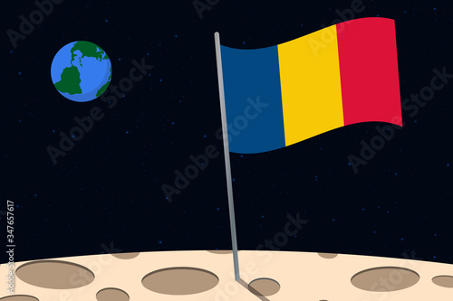 View of planet Earth from the surface of the Moon with the Romania flag and holes on the ground