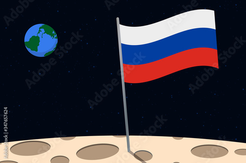 View of planet Earth from the surface of the Moon with the Russia flag and holes on the ground