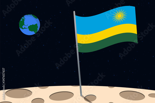 View of planet Earth from the surface of the Moon with the Rwanda flag and holes on the ground