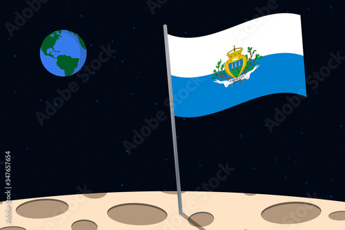 View of planet Earth from the surface of the Moon with the San Marino flag and holes on the ground