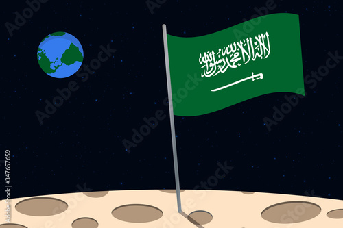 View of planet Earth from the surface of the Moon with the Saudi Arabia flag and holes on the ground