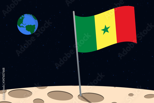 View of planet Earth from the surface of the Moon with the Senegal flag and holes on the ground