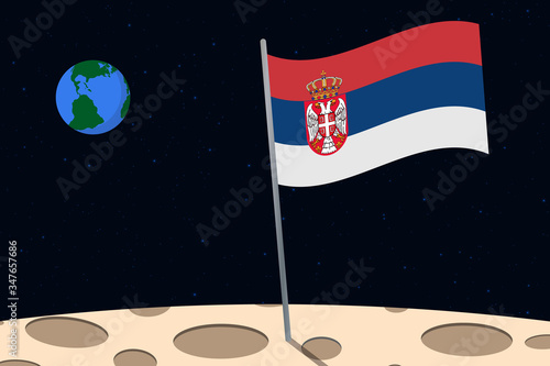 View of planet Earth from the surface of the Moon with the Serbia flag and holes on the ground