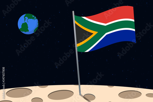 View of planet Earth from the surface of the Moon with the South Africa flag and holes on the ground