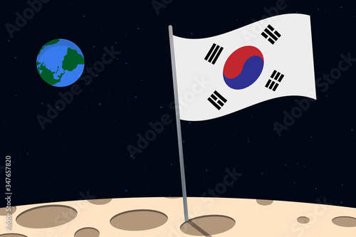 View of planet Earth from the surface of the Moon with the South Korea flag and holes on the ground