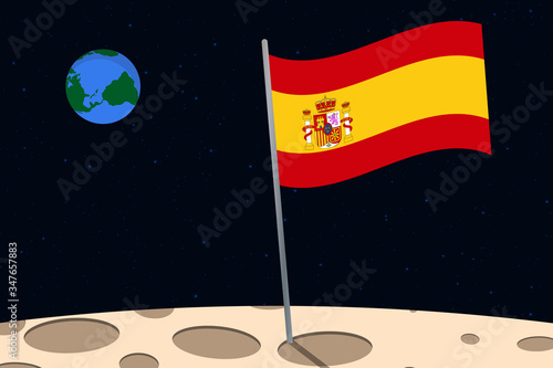 View of planet Earth from the surface of the Moon with the Spain flag and holes on the ground