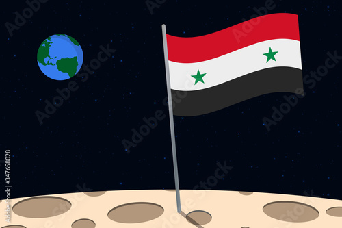 View of planet Earth from the surface of the Moon with the Syria flag and holes on the ground